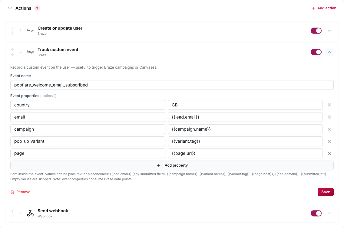 Braze Track custom event: fixed values and placeholders side by side.