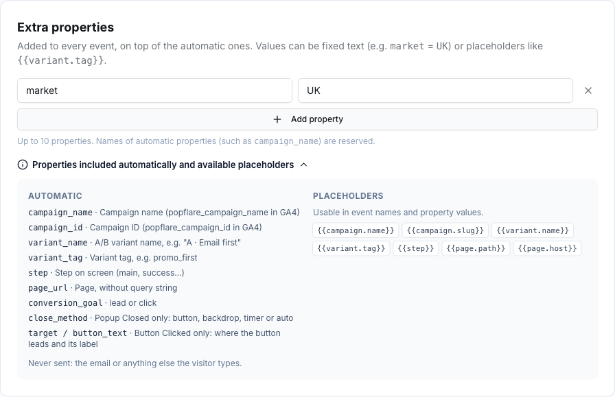 Extra properties, with the list of automatic properties and placeholders.
