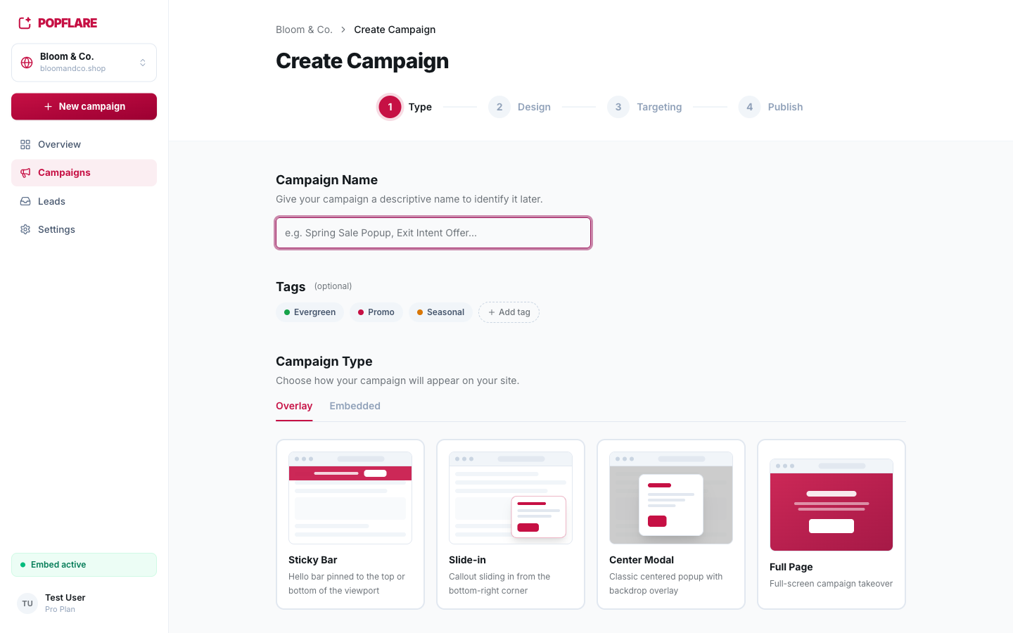 Step 1: name, tags and campaign type.