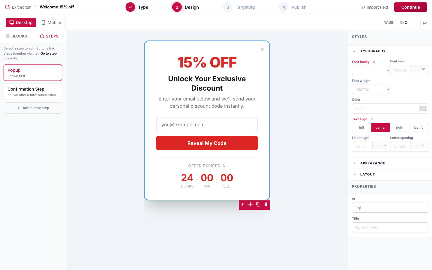 The Steps tab: every screen of the popup, with its role.