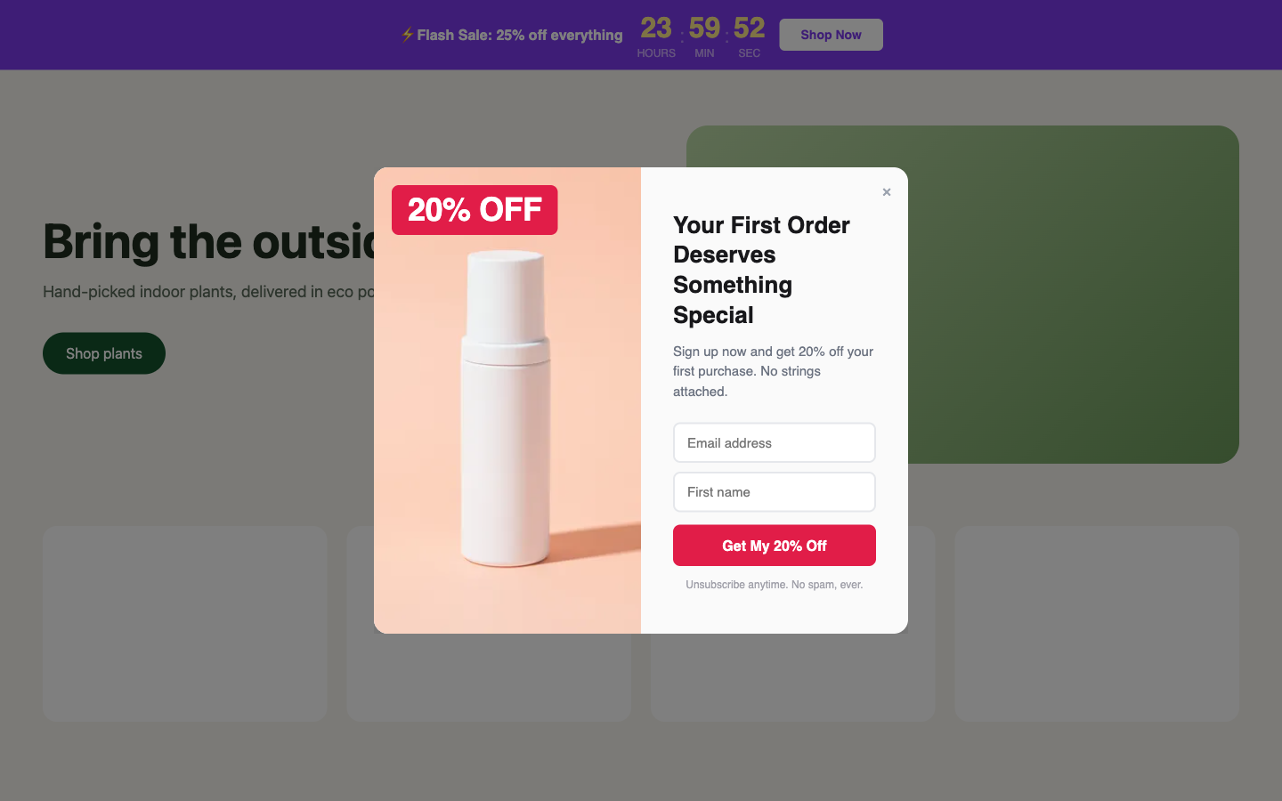 A PopFlare campaign on a live site: a sticky bar and an opt-in popup running together.