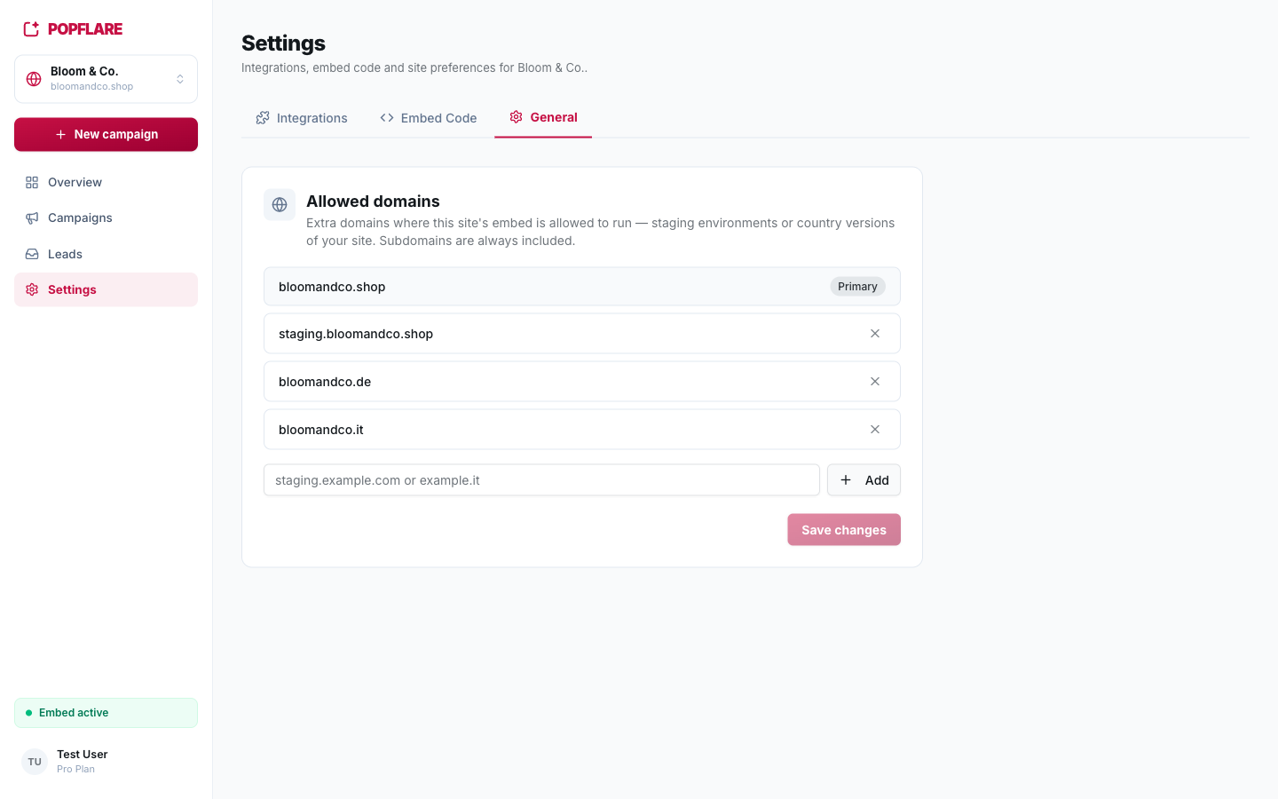 Allowed domains: a staging environment and two country domains.