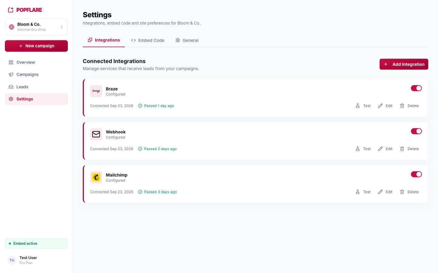 Connected integrations can be tested, edited, paused or removed.