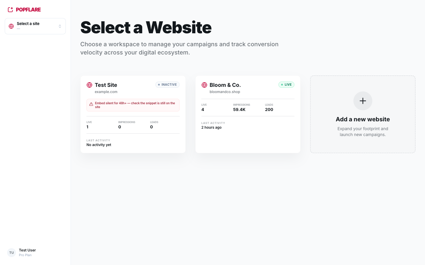 Your sites, with the status of their embed snippet.